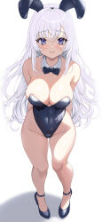  absurdres akiha_(akiha_ttt) animal_ears arm_behind_back bare_legs black_bow black_bowtie black_footwear black_leotard bow bowtie breasts cleavage commentary_request covered_navel detached_collar female from_above full_body high_heels highleg highleg_leotard highres large_breasts leotard long_hair original playboy_bunny purple_eyes rabbit_ears shadow simple_background solo strapless strapless_leotard strappy_heels white_background white_hair 