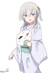  absurdres alternate_costume female grey_eyes grey_hair hand_fan highres japanese_clothes kantai_collection kimono leaf_print medium_hair one-hour_drawing_challenge one_side_up paper_fan robinson_(day_l_full) solo standing suzutsuki_(kancolle) uchiwa white_kimono yukata 