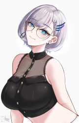  absurdres blue_hair braid breasts dynorz earrings female grey_hair hair_ornament highres hololive hololive_indonesia jewelry large_breasts looking_at_viewer multicolored_hair official_alternate_costume official_alternate_hair_length official_alternate_hairstyle pavolia_reine pavolia_reine_(street) shirt short_hair solo virtual_youtuber 