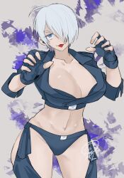  angel_(kof) backless_pants blue_eyes bra breasts chaps cleavage crop_top cropped_jacket female fingerless_gloves gloves hair_over_one_eye highres jacket large_breasts leather leather_jacket looking_at_viewer midriff navel panties pants sai_(genko_yare) short_hair snk solo strapless strapless_bra the_king_of_fighters the_king_of_fighters_xiv toned underwear white_hair 