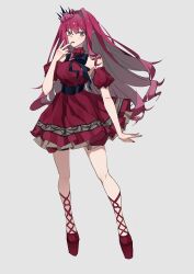  absurdres baobhan_sith_(chaldea_satellite_station)_(fate) baobhan_sith_(fate) bare_shoulders black_bow blush bow breasts dress fate/grand_order fate_(series) female flower full_body grey_eyes hair_flower hair_ornament hand_up highres long_hair looking_at_viewer oerba_yun_fang open_mouth pink_hair platform_footwear pointy_ears red_dress red_footwear red_nails sidelocks solo white_background xinjinjumin418816710817 