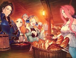  3boys 5girls :d anger_vein armor atelier_(series) atelier_marie basket beer_mug benitama black_hair blonde_hair braid bread bread_slice breasts brown_hair cleavage closed_eyes closed_mouth croissant crop_top crossed_arms cup dark-skinned_female dark_skin earrings enderk_yard flea_schenk food frown full_armor furrowed_brow hair_ornament hair_over_shoulder hallesch_sleiman hand_up highres holding holding_cup indoors ingrid_(atelier) jewelry juliet_sleeves lamp long_hair long_sleeves looking_at_another marie_(atelier) medium_breasts mug multiple_boys multiple_girls my_sextans no_eyes one_eye_closed open_mouth orange_hair ponytail puffy_sleeves red_lips ruven_filnir schia_donnerstage short_hair smile table tavern twin_braids white_hair wooden_ceiling 