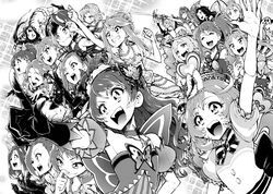  6+girls ageha_mia amamiya_rizumu ayase_naru chae_kyoung commentary_request crown dress enouchi_ai fukuhara_ann gloves greyscale hair_ornament harune_aira hat highres hye_in_(pretty_rhythm) jae_eun_(pretty_rhythm) jounouchi_serena kurisu_kaname long_hair miyama_reina monochrome morizono_wakana multiple_girls ooruri_ayami open_mouth pretty_rhythm pretty_rhythm_aurora_dream pretty_rhythm_dear_my_future pretty_rhythm_rainbow_live pretty_series renjouji_beru shi_yoon shijimi_karin short_hair side_ponytail skirt smile so_min_(pretty_rhythm) suzuno_ito takamine_mion takanashi_otoha tiara toudou_kanon twintails 