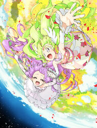  2girls bare_shoulders blush commentary_request dress enouchi_ai falulu falulu_(awakened) green_hair grey_eyes highres long_hair manaka_laala multiple_girls pretty_series pripara purple_hair smile tiara 