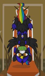  2018 alcohol alicorn amber_eyes armor bat_pony beer beverage black_body black_feathers black_fur brown_background can chair claws container drinking english_text equid equine fan_character fangs feathers featureless_crotch feral fur furniture hair hanging_by_tail hasbro heart_symbol hi_res hooves horn hybrid looking_at_viewer male mammal marsminer mostly_nude multicolored_body multicolored_fur multicolored_hair my_little_pony mythological_creature mythological_equine mythology navel quadruped rainbow_hair rainbow_heart rainbow_heart_(character) simple_background solo tail teeth text throne toe_claws two_tone_body two_tone_fur upside-down white_body white_fur wings 