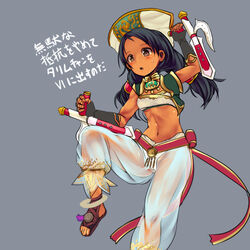  black_hair dark_skin female grey_background midriff navel see-through simple_background solo soul_calibur talim tenteco_(covamin) tonfa weapon 