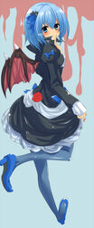  absurdres alternate_costume alternate_wings bat_wings blue_eyes blue_footwear blue_hair blue_pantyhose breasts cirno commentary_request cosplay female finger_to_mouth full_body high_heels highres juliet_sleeves leg_up long_sleeves looking_at_viewer negiko no_hair_bow pantyhose puffy_sleeves shoes short_hair sleeves_past_wrists solo touhou wings 