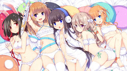  5girls :o animal_ears ass azur_lane bad_id bad_pixiv_id bed_sheet black_hair blue_eyes blue_ribbon blunt_bangs blush bra breasts brown_hair chinese_commentary closed_mouth collarbone commentary_request dress_shirt fortune_(azur_lane) foxhound_(azur_lane) frilled_bra frilled_panties frills hair_ornament halterneck haluka_(aixioo) hand_up headphones highres hitodama holding kagerou_(azur_lane) knees_together_feet_apart lingerie long_hair long_island_(azur_lane) looking_at_another lying medium_breasts model_ship multiple_girls navel no_bra odd_one_out on_back on_bed on_side open_clothes open_mouth open_shirt orange_eyes orange_hair outstretched_arm panties parted_lips photoshop_(medium) pillow purple_eyes rabbit_ears red_eyes red_ribbon ribbon shiranui_(azur_lane) shirt sleeves_past_wrists small_breasts smile sparkle thighhighs thighs underwear very_long_hair wedgie white_bra white_panties white_thighhighs wrist_ribbon 