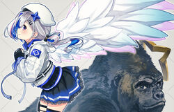  amane_kanata amane_kanata_(gorilla) amane_kanata_(work) angel_wings beret black_skirt blue_hair colored_inner_hair commentary_request female gloves gorilla grey_hair hair_ornament hairclip halo hat highres hololive hood hooded_jacket jacket long_hair multicolored_hair official_alternate_costume official_alternate_hair_length official_alternate_hairstyle own_hands_together partially_fingerless_gloves profile purple_eyes sakino_shingetsu single_hair_intake skirt smile star_halo virtual_youtuber white_headwear white_jacket wings 