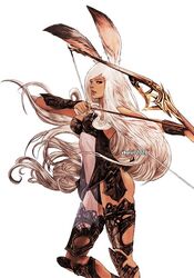  animal_ears arm_guards armor arrow_(projectile) ass bad_id bad_twitter_id bare_shoulders black_armor bow_(weapon) breasts dark-skinned_female dark_skin drawing_bow feet_out_of_frame female fighting_stance final_fantasy final_fantasy_xii fran_(ff12) holding holding_arrow holding_bow_(weapon) holding_weapon large_breasts leg_armor long_hair looking_to_the_side parted_lips rabbit_ears rabbit_girl see-through solo vhyrel viera weapon white_background white_hair 