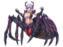  alchegill_(kouyoku_senki_exs-tia) arachne armor arthropod_girl arthropod_limbs breasts carapace claws cleavage collarbone commentary_request evil_grin evil_smile facial_tattoo female full_body gauntlets grin groin hair_between_eyes highres horns huge_breasts ikameshi_(nega96396) kouyoku_senki_exs-tia light_purple_hair looking_at_viewer lusterise magical_girl monster_girl multiple_legs navel purple_eyes sharp_teeth short_hair shoulder_armor sidelocks simple_background smile solo spider_girl stomach tachi-e tattoo taur teeth toned w_arms white_background 