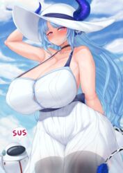  among_us animal_ears black_thighhighs blue_eyes blue_hair blue_horns blue_sky breasts cloud cow_ears cow_girl cow_horns cow_tail cream_cod crewmate_(among_us) day dress female hat heart heart-shaped_pupils highres horns huge_breasts indie_virtual_youtuber long_hair miilkywayz outdoors see-through see-through_dress sky sleeveless sleeveless_dress smile standing sun_hat sundress symbol-shaped_pupils tail thighhighs virtual_youtuber white_dress white_headwear 