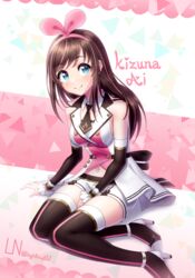  absurdres aqua_eyes black_legwear black_neckwear boots brown_hair character_name commentary female hairband high_heels highres kizuna_ai kizuna_ai_(elegant) kizuna_ai_inc. lightnya long_hair multicolored_hair navel pink_hairband ribbon smile streaked_hair thigh_boots thighhighs triangle virtual_youtuber 