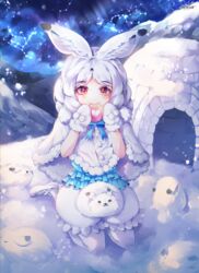  absurdres animal_ears arctic_hare_(kemono_friends) female food highres igloo japari_bun kemono_friends looking_at_viewer mirage_(rairudiseu) rabbit_ears red_eyes seiza sitting snow snow_shelter snowing white_footwear white_hair 