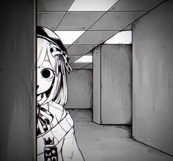  around_corner backrooms_(creepypasta) black_eyes chromatic_aberration female greyscale hatyuuruinohito highres horror_(theme) indoors looking_at_viewer monochrome nijisanji open_mouth smile solid_circle_pupils solo suzuhara_lulu suzuhara_lulu_(1st_costume) upper_body virtual_youtuber 