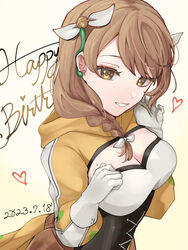  breasts brown_hair cleavage commentary_request corset dated female fire_emblem fire_emblem_engage gloves goldmary_(fire_emblem) grin hair_ribbon happy_birthday heart highres large_breasts long_hair long_sleeves looking_at_viewer ribbon sakura_no_yoru shrug_(clothing) skirt smile solo upper_body white_gloves white_ribbon yellow_eyes yellow_skirt 