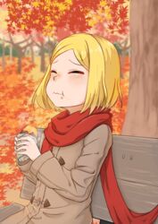  alternate_color autumn autumn_leaves bench blonde_hair brown_coat coat commentary_request eating fate/grand_order fate_(series) female food food_on_face forest highres leaf maple_leaf nature outdoors paul_bunyan_(fate) red_scarf scarf short_hair solo sweet_potato tree tsugumi_amon 