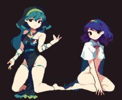  2girls 4qw5 ankleband apron aqua_belt aqua_hair aqua_ribbon aqua_wristband arm_ribbon arm_up barefoot belt black_background black_eyes blue_hair breasts cape chinese_commentary commentary green_apron green_headwear groin hairband haniyasushin_keiki head_scarf jewelry kneeling long_hair looking_at_viewer magatama magatama_necklace medium_breasts medium_hair multicolored_hairband multiple_girls naked_apron naked_cape necklace pixel_art rainbow_order ribbon seiza simple_background sitting tenkyuu_chimata thigh_strap touhou white_cape wristband 