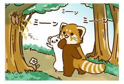  2023 ailurid arthropod black_eyes black_nose brown_body chibi cicada detailed_background dot_eyes duo feral flower hi_res insects japanese_text mammal mustelid musteline outside plant red_panda shi_nominmin stoat text tree true_musteline walking weasel white_body 