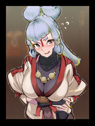  black_border blunt_bangs blush border breasts brown_background covered_collarbone facial_mark female flying_sweatdrops forehead_mark grey_hair hair_ornament hair_stick highres jewelry koda1ra large_breasts long_hair looking_at_viewer necklace paya_(zelda) pointy_ears sheikah solo sweat the_legend_of_zelda the_legend_of_zelda:_breath_of_the_wild trembling upper_body 