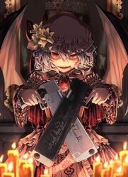  alternate_costume alternate_weapon bat_wings blood blood_from_mouth blurry blurry_foreground bow brooch candle casull_(hellsing) cowboy_shot cross depth_of_field dress dual_wielding english_commentary english_text fangs female flower frilled_dress frilled_sleeves frills greenkohgen gun hair_between_eyes handgun hat hat_flower hellsing hexagram highres holding holding_gun holding_weapon jackal_(hellsing) jewelry mob_cap painting_(object) parted_lips picture_frame pink_bow pink_dress pink_hat purple_hair red_eyes red_nails red_ribbon remilia_scarlet ribbon short_hair slit_pupils smile solo star_of_david touhou trigger_discipline vampire vlad_iii_dracula wavy_hair weapon wings 