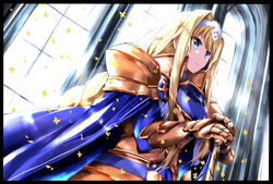  alice_zuberg armor blonde_hair blue_cape blue_eyes braid braided_ponytail breastplate cape closed_mouth commentary dutch_angle female from_below gauntlets gold_armor hair_intakes hairband hands_on_hilt holding holding_sword holding_weapon knight long_hair osmanthus_blade pauldrons shoulder_armor solo standing sword sword_art_online sword_art_online:_alicization very_long_hair weapon white_hairband yanagi_marie 