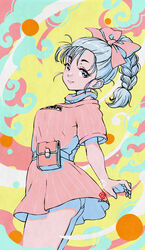  abstract_background aqua_background arms_at_sides ass blue_eyes blue_hair braid braided_ponytail breasts bulma_briefs character_name closed_mouth clothes_writing cloud_background colorful cowboy_shot dragon_ball dragon_ball_(classic) dress eyelashes fanny_pack female hair_ribbon hair_strand happy highres kanchiyo legs_together light_blue_hair lips looking_at_viewer medium_breasts multicolored_background panties pantyshot pastel_colors pink_background pink_dress pink_ribbon polka_dot polka_dot_background ribbon scarf short_dress short_sleeves smile solo striped_clothes striped_dress thighs underwear vertical-striped_clothes vertical-striped_dress white_background yellow_background 