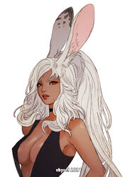  animal_ears artist_name bare_arms black_choker black_dress breasts choker cleavage dark-skinned_female dark_skin dress female final_fantasy final_fantasy_xii fran_(ff12) large_breasts long_hair looking_at_viewer parted_lips plunging_neckline rabbit_ears rabbit_girl red_eyes sidelocks solo underboob upper_body vhyrel viera wavy_hair white_background white_hair wide_ponytail 