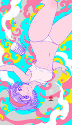  abstract_background alcohol aqua_background arms_at_sides bare_arms bare_legs beer beer_can blunt_bangs blunt_ends blush breasts bulma_briefs can closed_mouth cloud_background collarbone crop_top dragon_ball dragon_ball_z drink drink_can earrings eyelashes feet_out_of_frame female floating_hair grey_background groin hairband highres jewelry kanchiyo knee_blush legs_apart liquid looking_up medium_breasts multicolored_background narrow_waist navel panties pink_background polka_dot polka_dot_background purple_eyes red_hairband short_hair sideways_glance smile solo stomach straight_hair stud_earrings tareme thick_thighs thighs underwear upside-down white_background white_panties yellow_background 