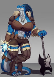  abs absurd_res accessory anthro armor armwear bard belt big_breasts blue_body blue_scales bottomwear breasts brown_armwear brown_bottomwear brown_clothing brown_legwear brown_shorts brown_topwear cleavage clothed clothing digitigrade dreadlocks dungeons_and_dragons electric_guitar female flask furgonomics grey_background guitar hasbro hi_res huge_breasts jackson_guitars leather leather_armor legwear looking_at_viewer musical_instrument navel plucked_string_instrument saltbutt1 scales scalie shorts simple_background solo string_instrument tail tail_accessory tail_belt thick_thighs topwear warrior_(jackson_guitars) white_body white_scales wide_hips wizards_of_the_coast yellow_eyes 