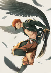  1boy abs absurdres bare_pectorals barefoot black_feathers black_leggings emiya_shirou fate/grand_order fate_(series) feathered_wings feathers feet flying foot_out_of_frame highres holding holding_sword holding_weapon katana leggings looking_at_viewer male_focus mask nipples official_alternate_costume okonon_(kado_colda) orange_hair pectorals senji_muramasa_(fate) senji_muramasa_(night_parade_of_one_hundred_demons)_(fate) short_hair soles solo spread_wings stomach sword toes toned toned_male weapon wings yellow_eyes 