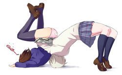  2girls anastasia_(idolmaster) animal_print assisted_exposure back-print_panties blazer blue_socks blue_thighhighs breasts broken_eyewear brown_footwear brown_hair cat_panties cat_print crack feet_up fighting from_side full_body german_suplex glass_shards glasses grey_hair holding idolmaster idolmaster_cinderella_girls jacket kneehighs legs_over_head loafers long_sleeves maekawa_miku multiple_girls panties pink_panties plaid plaid_skirt pleated_skirt print_panties profile red-framed_eyewear school_uniform shattered shoes short_hair skirt small_breasts socks suplex sweater thighhighs torimaru underwear uniform unworn_eyewear upside-down upskirt wrestling 