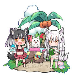  +_+ ._. 2girls :d animal animal_ear_fluff animal_ears artist_name ball bare_arms bare_shoulders barefoot beachball bikini black_hair blush canine chibi cloud coconut colored_eyelashes food frilled_bikini frills gradient_hair grey_hair hair_between_eyes holding holding_ball holding_food long_hair mito_(go!go!king!) multicolored_hair multiple_girls oerba_yun_fang orange_eyes original palm_tree popsicle red_bikini shaved_ice simple_background smile standing swimsuit tail tree very_long_hair watermelon_bar white_background white_bikini white_hair wolf_ears wolf_girl wolf_tail 