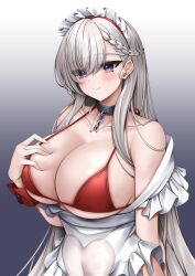  absurdres azur_lane bare_shoulders belfast_(azur_lane) belfast_(blissful_service)_(azur_lane) bikini blue_eyes blush braid breasts cleavage closed_mouth collarbone eyes_visible_through_hair female gradient_background grey_hair highres large_breasts maid_headdress off_shoulder official_alternate_costume red_bikini smile solo swimsuit ueyama_0clock underboob upper_body white_hair 