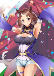  animal_ears arms_up breasts cleavage closed_mouth commentary_request confetti cowboy_shot detached_sleeves ear_ornament female flexing hair_ornament hairclip highres horse_ears horse_girl horse_tail jacket medium_breasts multicolored_hair purple_eyes purple_jacket short_hair shorts smile solo stage tail thigh_strap tsukareme tsurumaru_tsuyoshi_(umamusume) two-tone_hair umamusume 