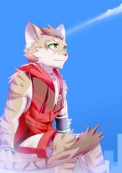  2024 anthro biped brown_body brown_fur countershade_fur countershading felid fur green_eyes hi_res leopard looking_up male mammal mr._sesame nekojishi pantherine shu-chi slim_anthro slim_male solo studio_klondike white_body white_countershading white_fur 