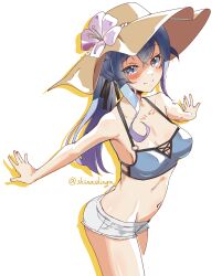  bikini blue_bikini brown_hat cowboy_shot female flower gotland_(kancolle) gotland_(swimsuit_mode)_(kancolle) hat hat_flower highres kantai_collection liking navel one-hour_drawing_challenge outstretched_arms short_shorts shorts simple_background solo standing sun_hat swimsuit twitter_username white_background white_shorts 