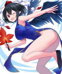  ;d alternate_costume ass black_footwear black_hair black_wings blue_dress breasts china_dress chinese_clothes commentary_request dress feathered_wings female hand_fan hat hauchiwa highres holding holding_fan kisaragi_koushi large_breasts looking_at_viewer no_panties one_eye_closed pointy_ears pom_pom_(clothes) red_eyes red_hat shameimaru_aya short_hair side_slit sleeveless sleeveless_dress smile solo tokin_hat touhou white_background wings 