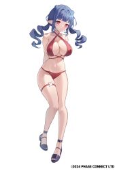  arms_behind_back bare_shoulders bikini black_footwear blue_hair closed_mouth collarbone copyright_notice criss-cross_halter curly_hair dizzy_dokuro double_bun female full_body greenapple hair_bun halterneck highres long_hair navel phase_connect pointy_ears red_bikini red_eyes solo swimsuit thigh_strap virtual_youtuber 