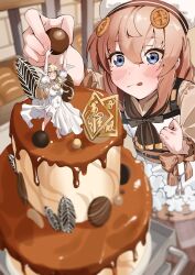  2girls :q absurdres apron ascot blonde_hair blue_eyes blush breasts brown_ascot brown_dress brown_hair cake choco_(neural_cloud) cleavage commission dress ert_raitsui fnc_(girls&#039;_frontline) food girls&#039;_frontline girls&#039;_frontline_neural_cloud hair_ornament hat highres large_breasts long_hair mini_person minigirl multiple_girls second-party_source skeb_commission tongue tongue_out white_apron white_dress white_hat x95_(girls&#039;_frontline) yellow_eyes 