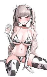  absurdres alternate_costume animal_ears animal_print azur_lane bikini black_choker black_ribbon blush bottle breasts choker cleavage collarbone cow_ears cow_horns cow_print cow_print_bikini cow_print_gloves cow_print_thighhighs elbow_gloves fake_animal_ears fake_horns female formidable_(azur_lane) gloves grey_hair hair_ribbon highres holding holding_bottle horns large_breasts long_hair milk milk_bottle navel nephthys2356 parted_lips print_bikini print_gloves print_thighhighs red_eyes ribbon simple_background solo sweat swimsuit thighhighs twintails two-tone_ribbon very_long_hair white_background white_ribbon 