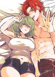  1boy adam&#039;s_apple bachi_(bachoo) brown_pants byleth_(female)_(fire_emblem) byleth_(fire_emblem) female fire_emblem fire_emblem:_three_houses green_hair long_hair looking_at_viewer navel on_bed open_fly pants pectorals pillow red_hair shirt short_hair straight sylvain_jose_gautier topless_male twitter_username white_shirt 