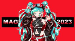  39 absurdres aqua_eyes aqua_hair bare_shoulders belt black_jacket black_shirt blunt_bangs chain_necklace chains clothing_cutout cowboy_shot detached_hair female goggles goggles_on_head grin hair_rings hatsune_miku highres huixiaaa42305 jacket jewelry magical_mirai_miku magical_mirai_miku_(2023) navel navel_cutout necklace number_tattoo one_eye_closed red_background red_nails ring_hair_ornament shirt sleeveless smile solo tattoo vocaloid 