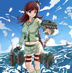  breasts brown_eyes brown_hair cherry_blossoms commentary_request commission cowboy_shot female highres jewelry kantai_collection large_breasts long_hair looking_at_viewer midriff navel neckerchief ooi_(kancolle) ooi_kai_ni_(kancolle) partial_commentary pleated_skirt ring sakana_u_u school_uniform serafuku skeb_commission skirt smile solo torpedo torpedo_tubes wedding_ring white_neckerchief yellow_serafuku 