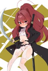  ashiharatsumori_koito bandaid bandaid_on_cheek bandaid_on_face blush caburi coat embarrassed female fluffy_hair halo holding holding_sword holding_weapon katana long_hair open_clothes open_coat panties pantyhose project_kv red_hair red_halo sheath shirt skirt solo sword torn_clothes torn_panties torn_pantyhose torn_shirt torn_skirt underwear weapon weapon_behind_back white_panties white_pantyhose 