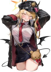  :q absurdres aged_up alternate_breast_size armband arms_behind_head arms_up belt black_belt black_hat black_jacket black_skirt blonde_hair blue_archive blush breasts coat collared_shirt commentary demon_horns demon_wings dot_nose female halo hat hat_ornament highres horns ibuki_(blue_archive) jacket long_sleeves looking_at_viewer medium_breasts military_hat miniskirt naughty_face necktie open_clothes open_jacket pepq red_necktie shirt simple_background skirt symbol-only_commentary tongue tongue_out transparent_background white_shirt wings yellow_eyes yellow_halo 