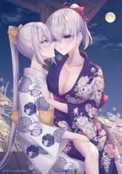  2girls alternate_costume alternate_hairstyle blue_eyes blush bow breasts cleavage cloud dated floral_print full_moon fuyutsuki_(kancolle) hairbow hand_under_clothes highres japanese_clothes kabocha_torute kantai_collection kimono large_breasts long_hair moon multiple_girls night obi outdoors parted_lips ponytail saliva saliva_trail sash sitting sitting_on_lap sitting_on_person sky suzutsuki_(kancolle) wide_sleeves yuri 