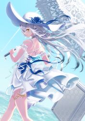  absurdres atenderliver back bare_shoulders blue_sky blush breasts briefcase choker dress fate/grand_order fate_(series) female forked_eyebrows grin hat highres jewelry long_hair looking_at_viewer looking_back melusine_(fate) parasol sidelocks sky small_breasts smile solo sun_hat thighlet thighs umbrella white_dress white_hair white_hat yellow_eyes 