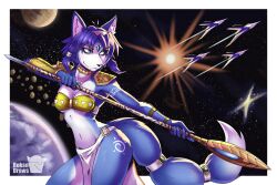  2024 3:2 accessory anthro armor arwing bandeau beads blue_body blue_eyes blue_fur blue_hair bottomwear breasts canid canine choker circlet clothing dipstick_tail eyebrow_through_hair eyebrows eyelashes female fox fur furgonomics hair hair_accessory hair_beads hairband hi_res inner_ear_fluff jewelry krystal&#039;s_staff krystal_(star_fox) loincloth mammal markings medium_breasts navel necklace nintendo planet ring roksodraws shoulder_guards solo space staff star_fox tail tail_accessory tail_jewelry tail_markings tail_ring topwear translucent translucent_hair tuft vambrace white_body white_fur 