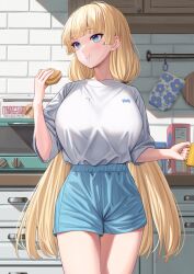  blonde_hair blue_eyes blue_shorts breasts closed_mouth cowboy_shot crumbs cup eating female food highres holding holding_cup holding_food indoors kitchen large_breasts lina_(michihasu) long_hair looking_to_the_side low_twintails michihasu mug original shirt shirt_tucked_in shorts solo thighs twintails very_long_hair white_shirt 